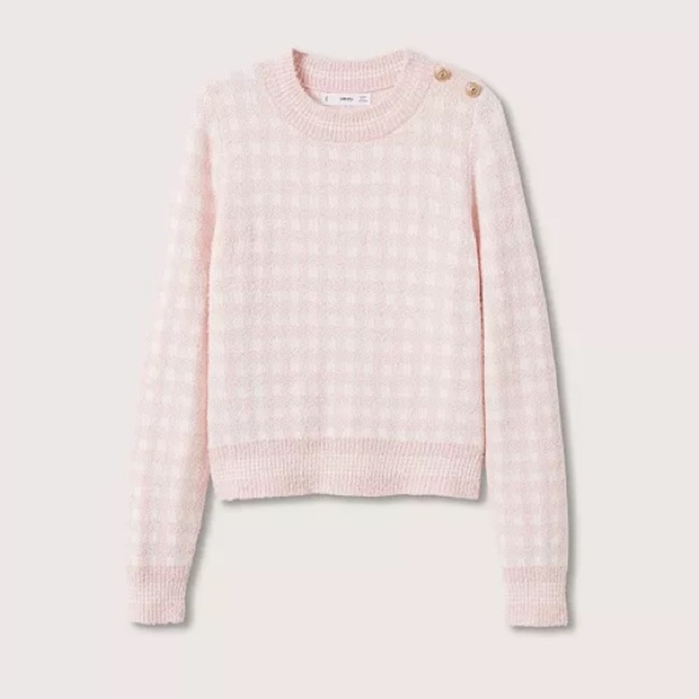 Mango | Pink and White Checks Knitted Sweater | Size Large